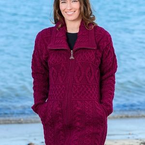 Women’s Long Irish Sweater Coat with zipper XL